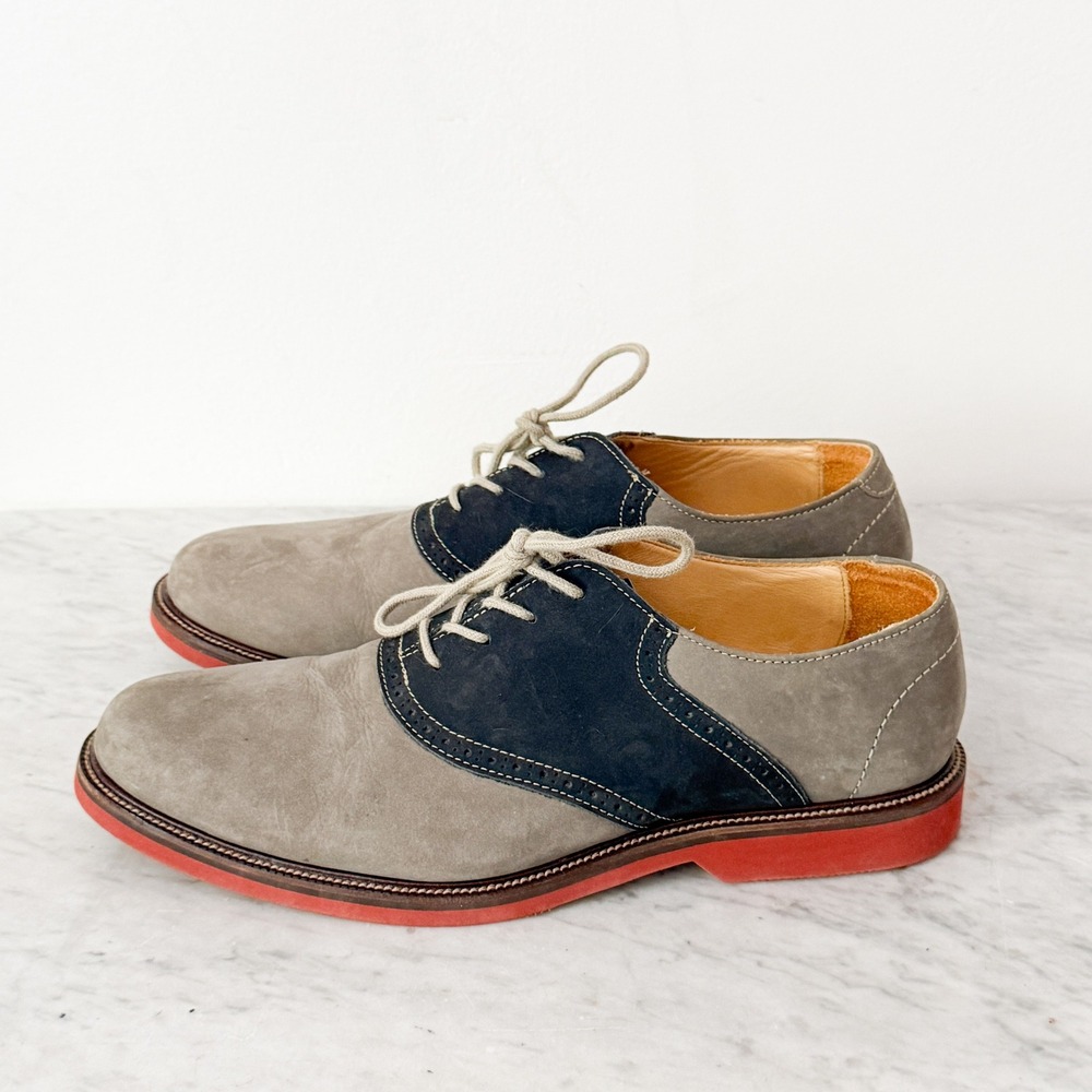 1901 Saddle Oxford Shoes Preppy Two Tone 11 Grey Navy Blue Suede Red Brick Sole